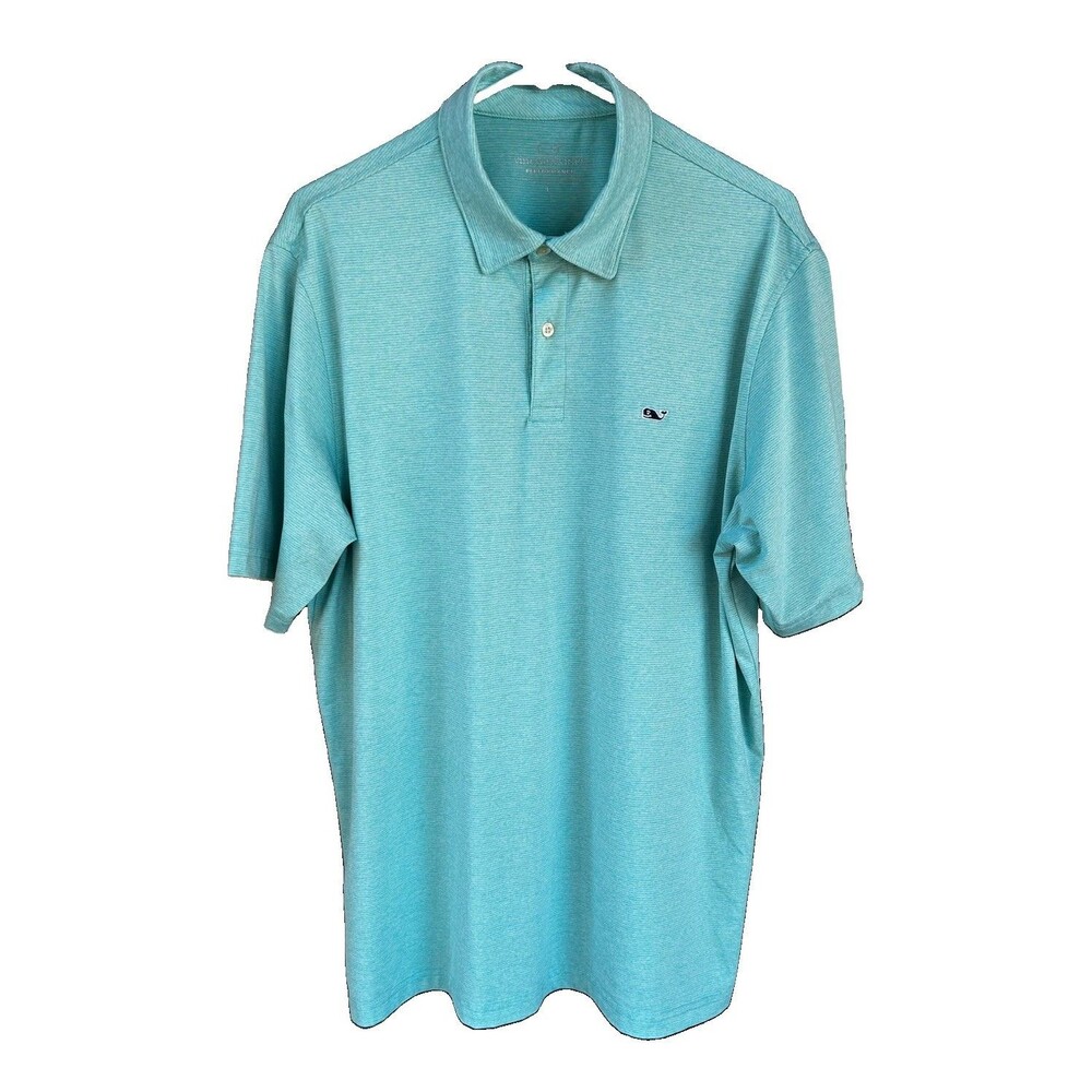 $98 Vineyard Vines Performance Polo Shirt Men's Large Aqua Stripe Stretch Golf